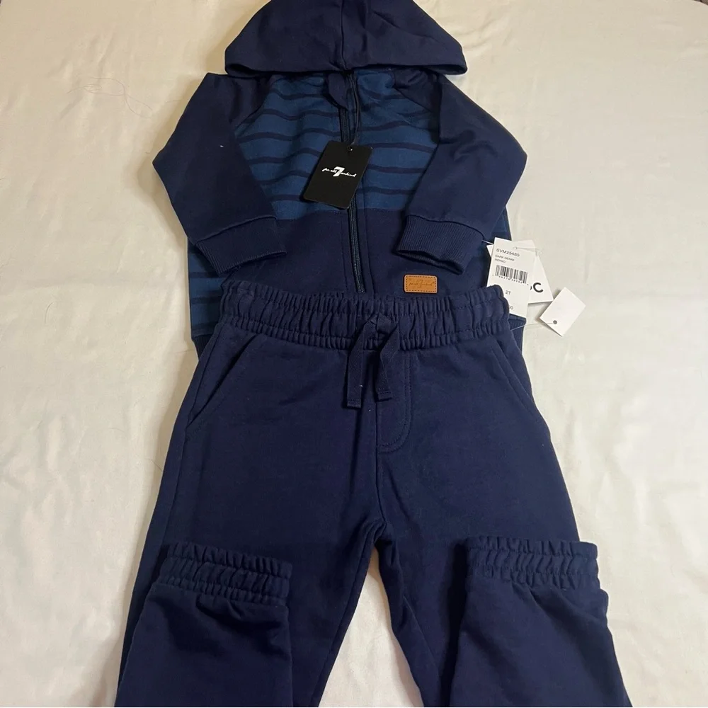NWT 7 For All Mankind Toddler Tracksuit Set 2T Dark Denim Indigo Hoodie Joggers
